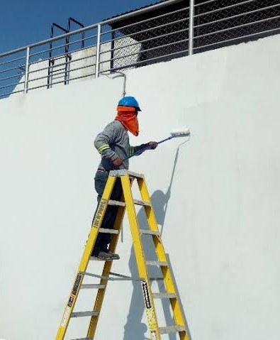 Pintor aplicando pintura en una pared desde una escalera